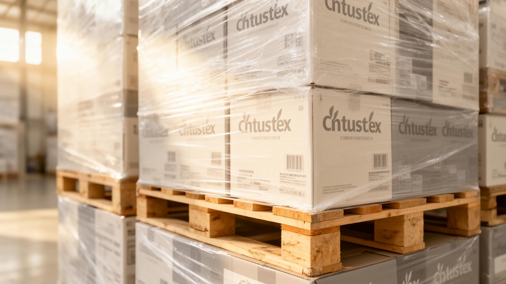 Pallets of branded goods ready for distribution